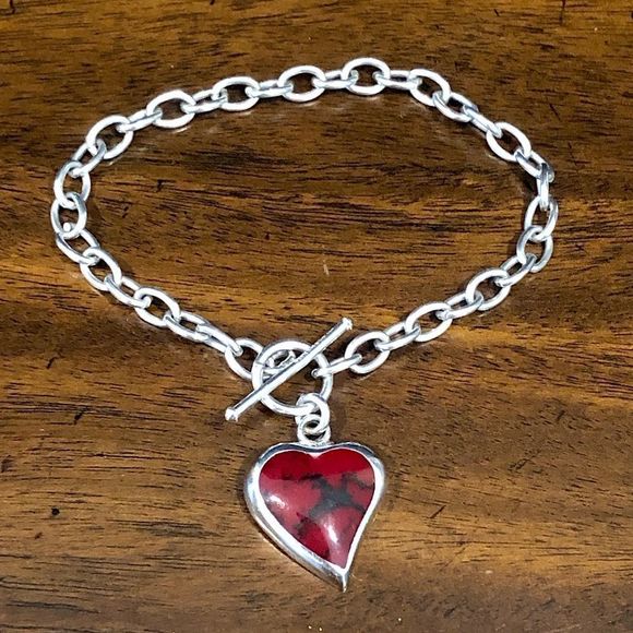 TAXCO Sterling Silver Red Jasper Heart Charm Rolo Bracelet - Picture 2 of 5